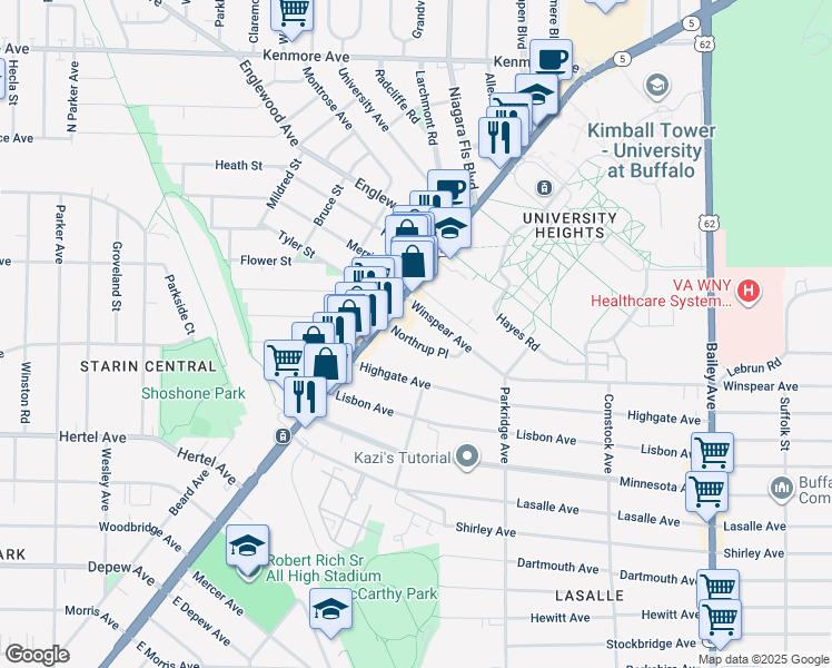 map of restaurants, bars, coffee shops, grocery stores, and more near 17 Winspear Avenue in Buffalo