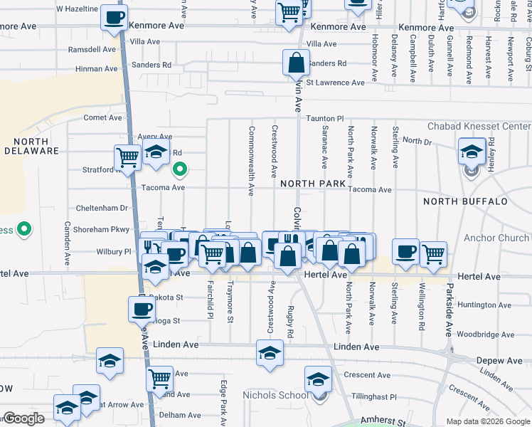 map of restaurants, bars, coffee shops, grocery stores, and more near 216 Crestwood Avenue in Buffalo