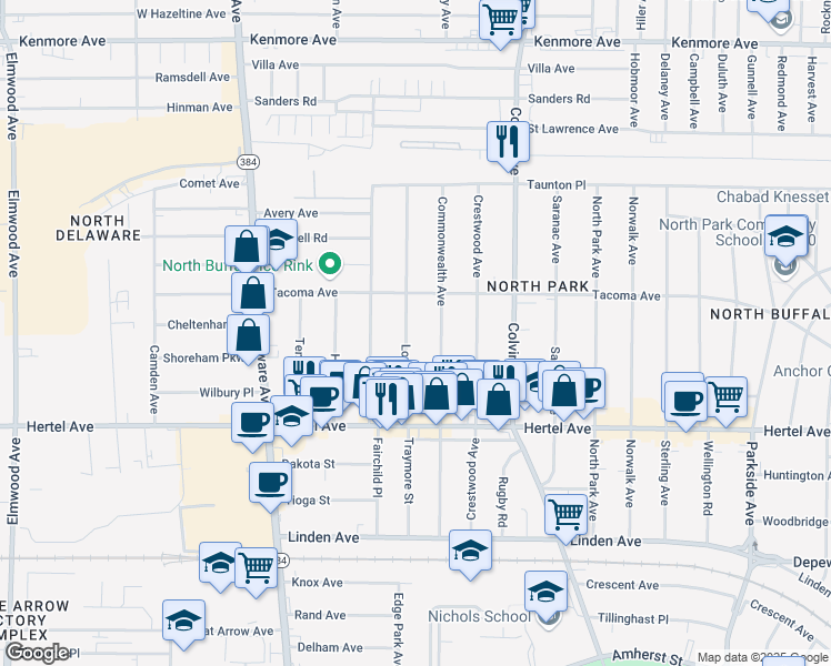 map of restaurants, bars, coffee shops, grocery stores, and more near in Buffalo