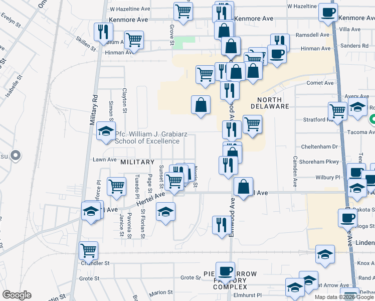 map of restaurants, bars, coffee shops, grocery stores, and more near 115 Greeley Street in Buffalo