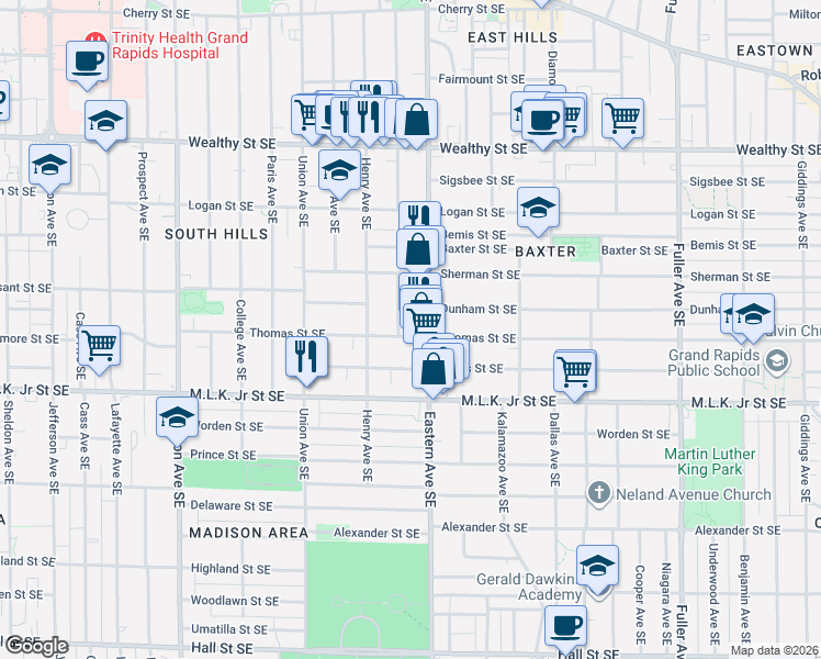 map of restaurants, bars, coffee shops, grocery stores, and more near 634 Charles Avenue Southeast in Grand Rapids