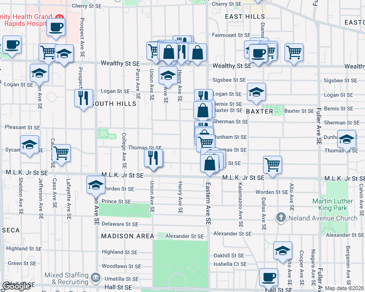 map of restaurants, bars, coffee shops, grocery stores, and more near 634 Henry Avenue Southeast in Grand Rapids