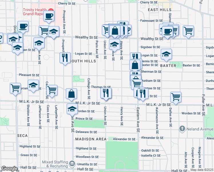 map of restaurants, bars, coffee shops, grocery stores, and more near 639 Union Avenue Southeast in Grand Rapids