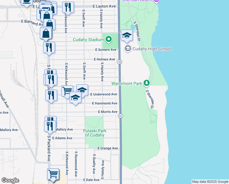 map of restaurants, bars, coffee shops, grocery stores, and more near 5133 South Lake Drive in Cudahy