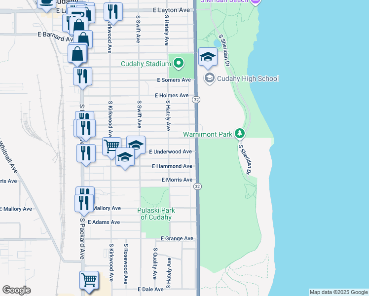 map of restaurants, bars, coffee shops, grocery stores, and more near 5133 South Lake Drive in Cudahy