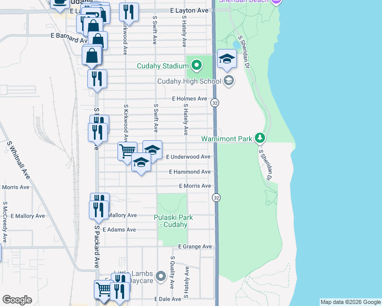 map of restaurants, bars, coffee shops, grocery stores, and more near 3915 East Pulaski Avenue in Cudahy
