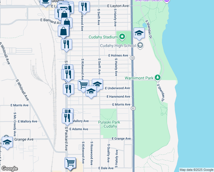 map of restaurants, bars, coffee shops, grocery stores, and more near 3853 East Pulaski Avenue in Cudahy