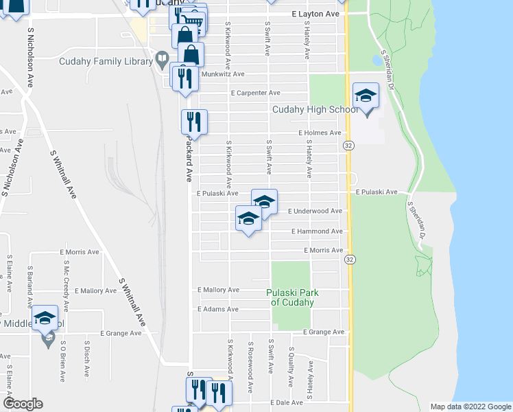 map of restaurants, bars, coffee shops, grocery stores, and more near 3727 East Pulaski Avenue in Cudahy