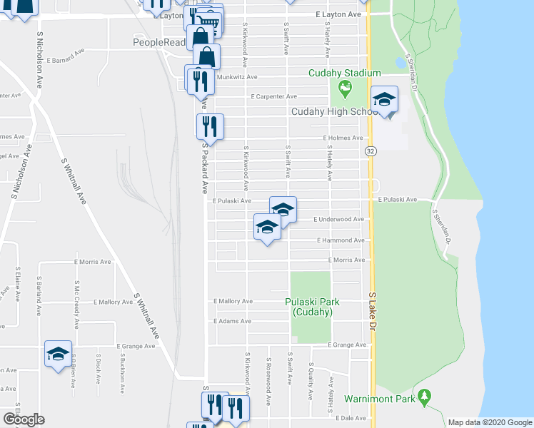 map of restaurants, bars, coffee shops, grocery stores, and more near 3727 East Pulaski Avenue in Cudahy