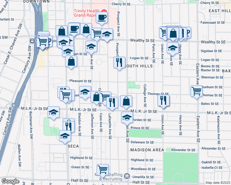 map of restaurants, bars, coffee shops, grocery stores, and more near 641 Prospect Avenue Southeast in Grand Rapids