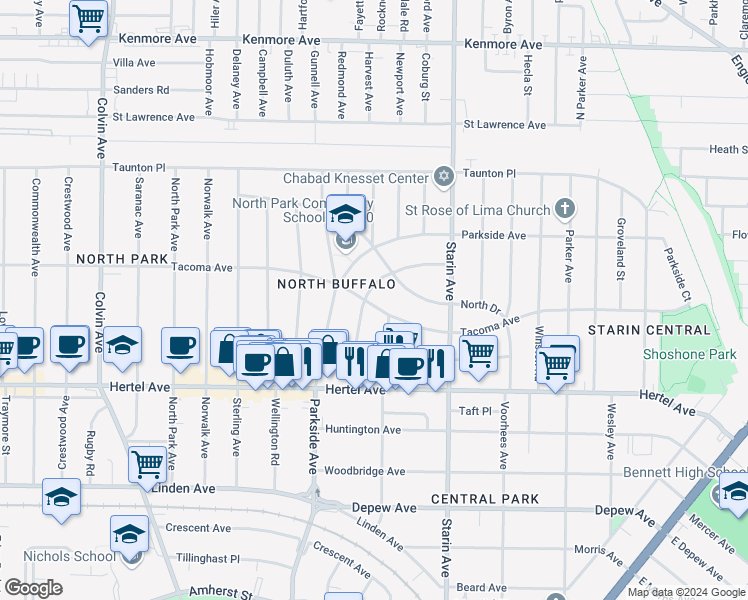 map of restaurants, bars, coffee shops, grocery stores, and more near 686 Tacoma Avenue in Buffalo