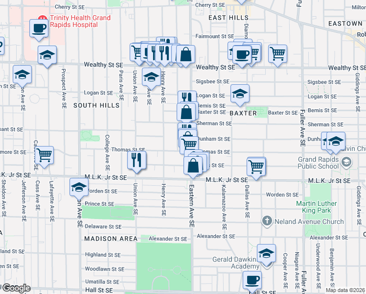 map of restaurants, bars, coffee shops, grocery stores, and more near 634 Charles Avenue Southeast in Grand Rapids