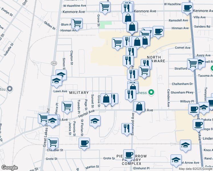 map of restaurants, bars, coffee shops, grocery stores, and more near 95 Greeley Street in Buffalo