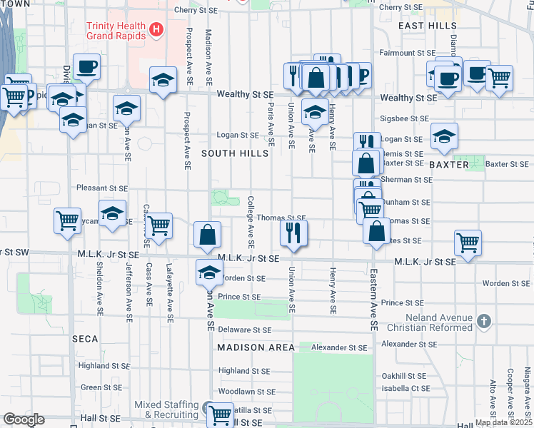 map of restaurants, bars, coffee shops, grocery stores, and more near 635 Paris Avenue Southeast in Grand Rapids