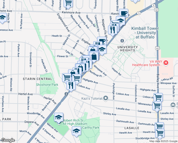 map of restaurants, bars, coffee shops, grocery stores, and more near 3172 Main Street in Buffalo
