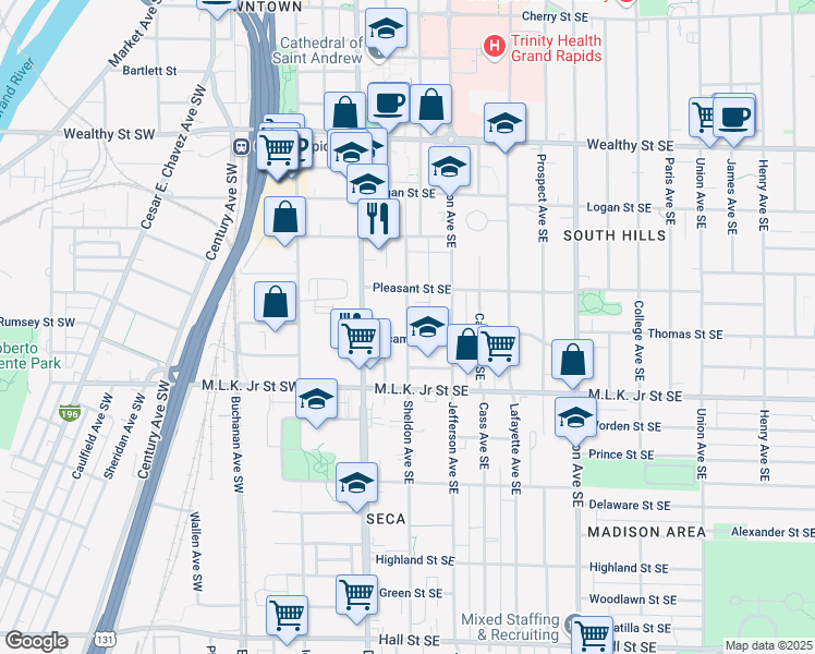 map of restaurants, bars, coffee shops, grocery stores, and more near 638 Sheldon Avenue Southeast in Grand Rapids