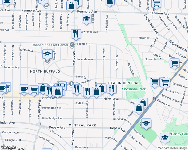 map of restaurants, bars, coffee shops, grocery stores, and more near 121 Winston Road in Buffalo