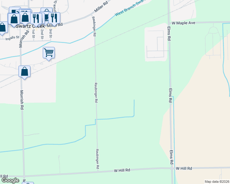 map of restaurants, bars, coffee shops, grocery stores, and more near 5201 Raubinger Road in Swartz Creek