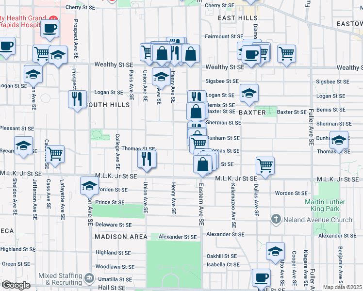 map of restaurants, bars, coffee shops, grocery stores, and more near 634 Henry Avenue Southeast in Grand Rapids