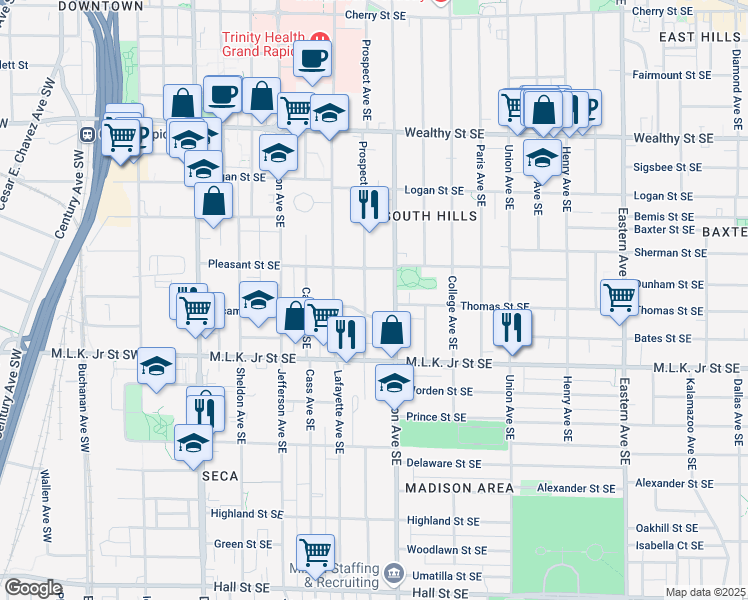 map of restaurants, bars, coffee shops, grocery stores, and more near 617 Prospect Avenue Southeast in Grand Rapids