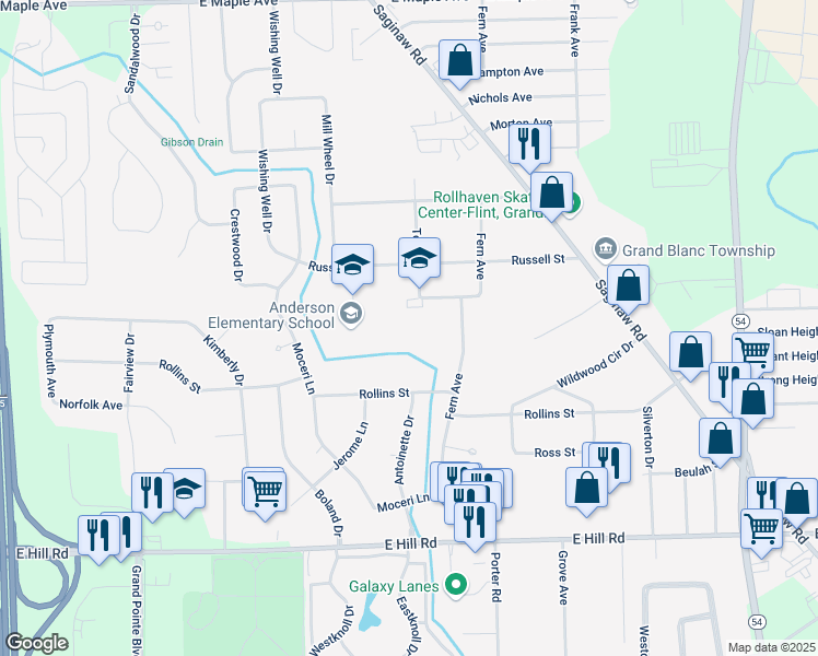 map of restaurants, bars, coffee shops, grocery stores, and more near 5288 Todd Street in Grand Blanc