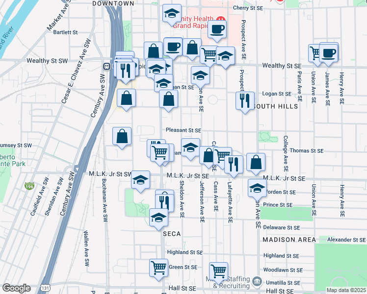 map of restaurants, bars, coffee shops, grocery stores, and more near 638 Sheldon Avenue Southeast in Grand Rapids