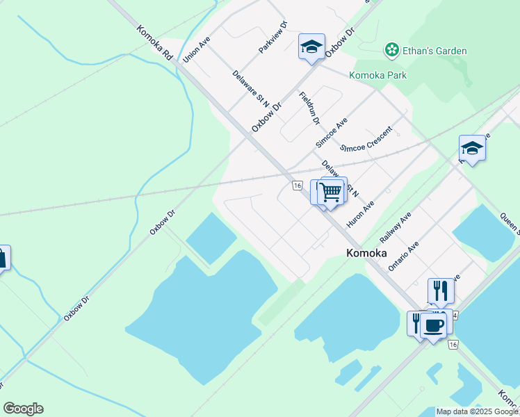 map of restaurants, bars, coffee shops, grocery stores, and more near 139 Prince Street in Komoka