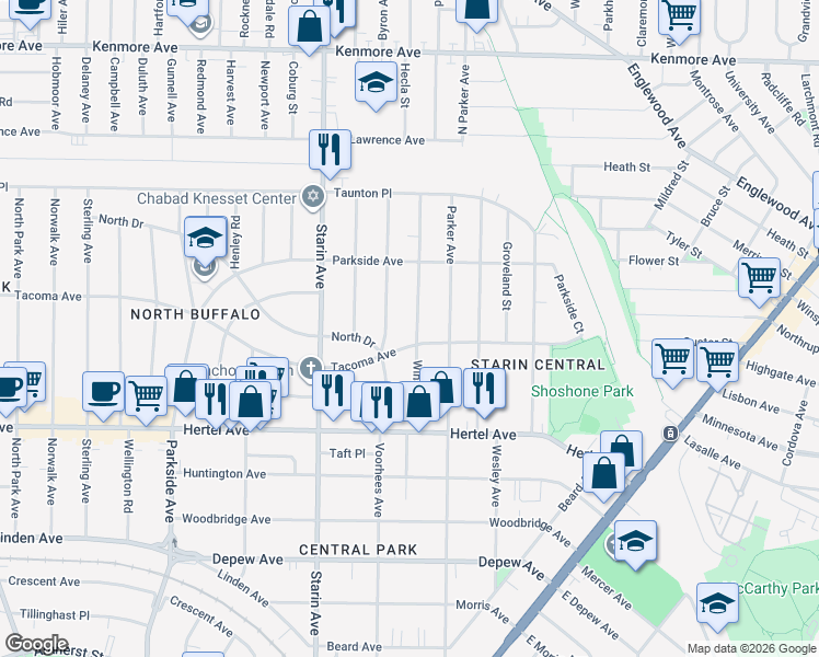 map of restaurants, bars, coffee shops, grocery stores, and more near 121 Winston Road in Buffalo