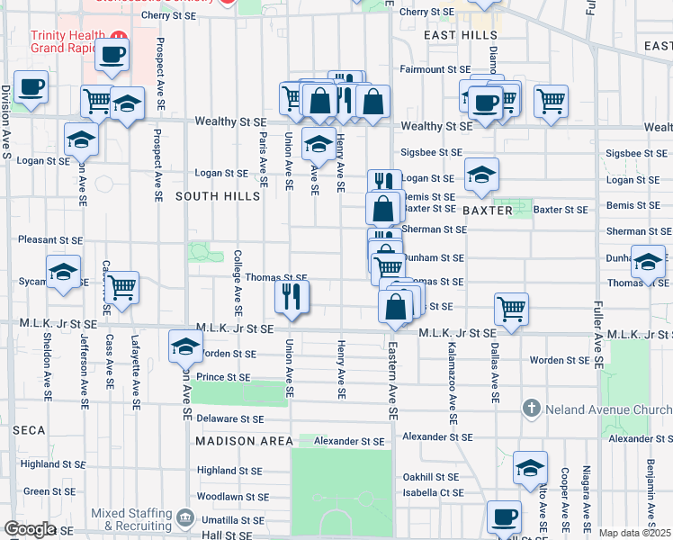 map of restaurants, bars, coffee shops, grocery stores, and more near 651 Henry Avenue Southeast in Grand Rapids