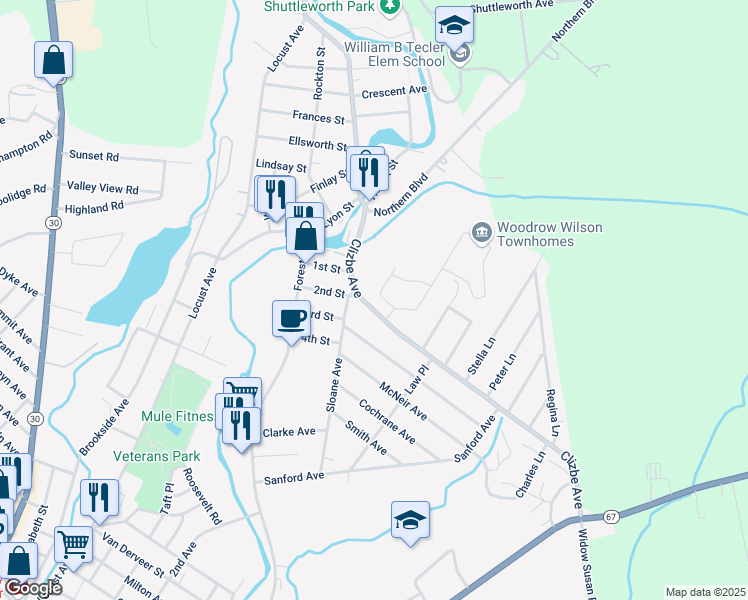 map of restaurants, bars, coffee shops, grocery stores, and more near 12 Woodridge Road in Amsterdam