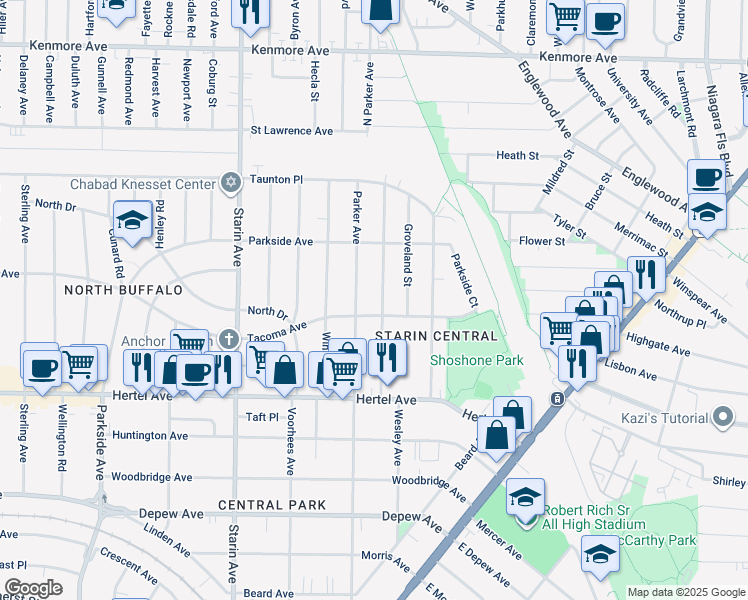 map of restaurants, bars, coffee shops, grocery stores, and more near 425 Parker Avenue in Buffalo