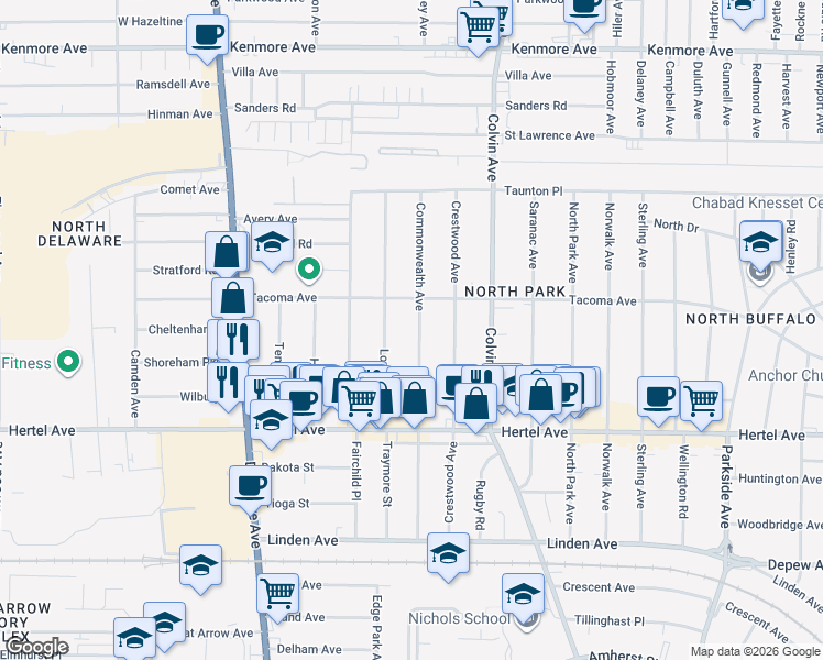 map of restaurants, bars, coffee shops, grocery stores, and more near in Buffalo