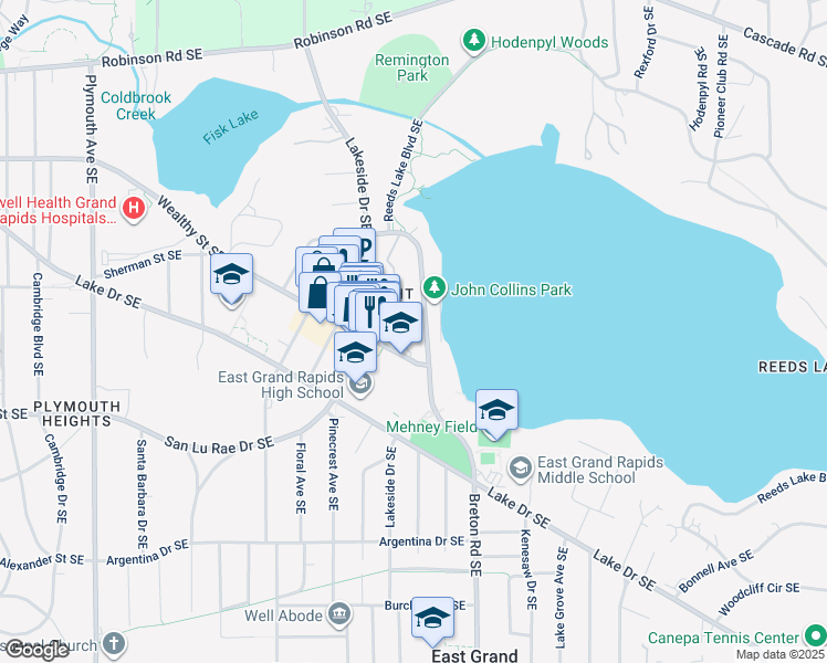 map of restaurants, bars, coffee shops, grocery stores, and more near 2311 Wealthy Street Southeast in Grand Rapids