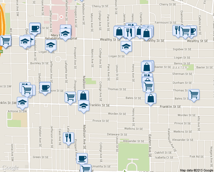 map of restaurants, bars, coffee shops, grocery stores, and more near 615 Paris Avenue Southeast in Grand Rapids