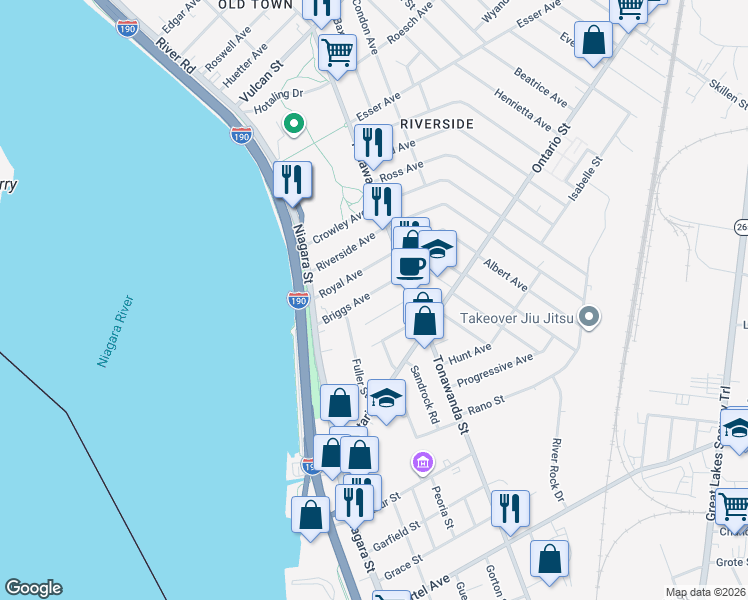 map of restaurants, bars, coffee shops, grocery stores, and more near 78 Briggs Avenue in Buffalo