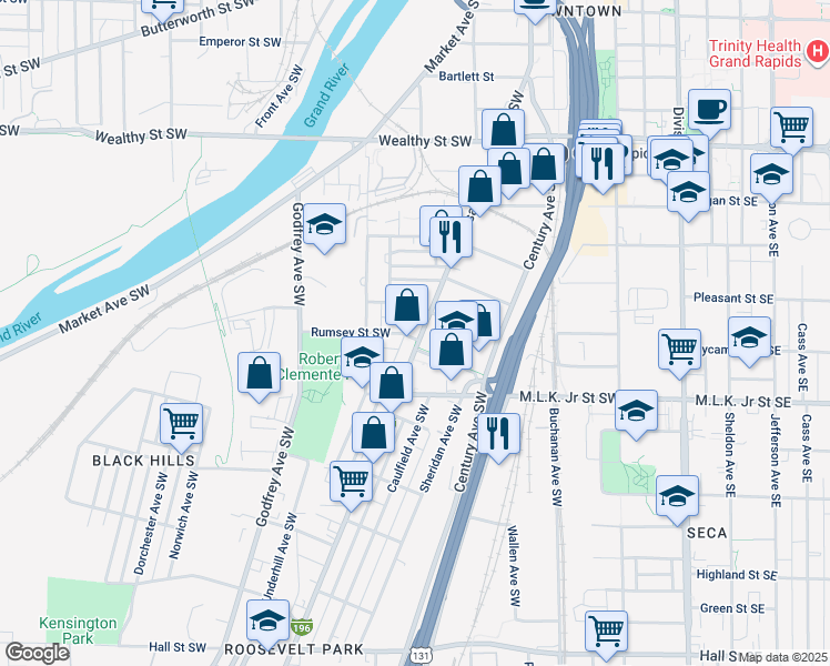 map of restaurants, bars, coffee shops, grocery stores, and more near 661 Grandville Avenue Southwest in Grand Rapids