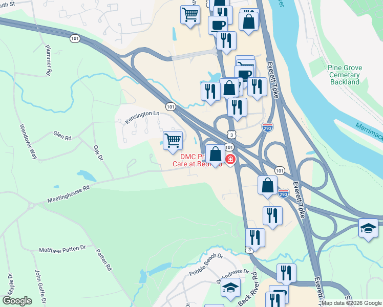 map of restaurants, bars, coffee shops, grocery stores, and more near 3 Kensington Lane in Bedford