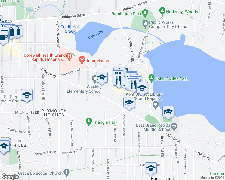 map of restaurants, bars, coffee shops, grocery stores, and more near 659 Lovett Avenue Southeast in East Grand Rapids