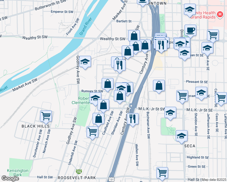 map of restaurants, bars, coffee shops, grocery stores, and more near 652 Cesar E. Chavez Avenue Southwest in Grand Rapids