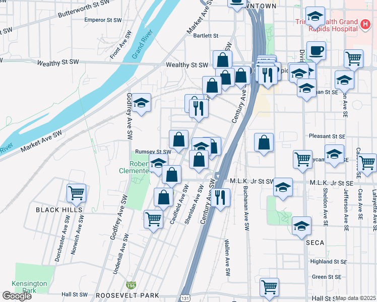 map of restaurants, bars, coffee shops, grocery stores, and more near 652 Cesar E. Chavez Avenue Southwest in Grand Rapids