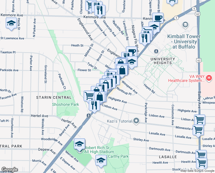 map of restaurants, bars, coffee shops, grocery stores, and more near 26 West Northrup Place in Buffalo