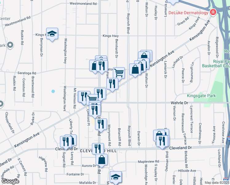 map of restaurants, bars, coffee shops, grocery stores, and more near 2095 Kensington Avenue in Buffalo