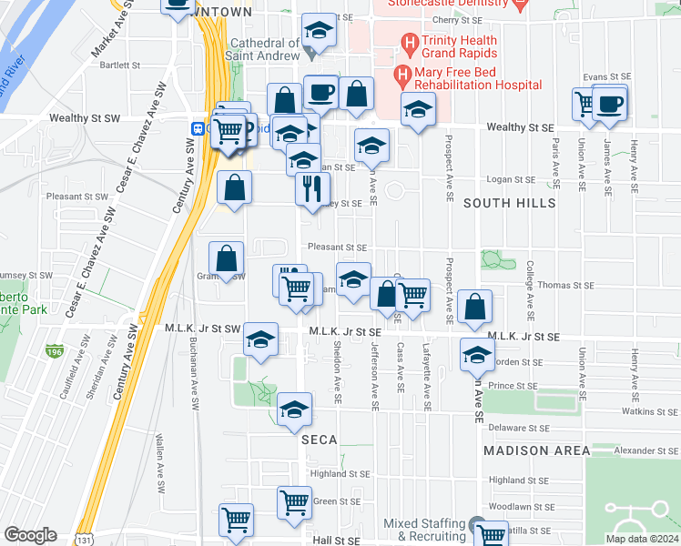 map of restaurants, bars, coffee shops, grocery stores, and more near 632 Sheldon Avenue Southeast in Grand Rapids