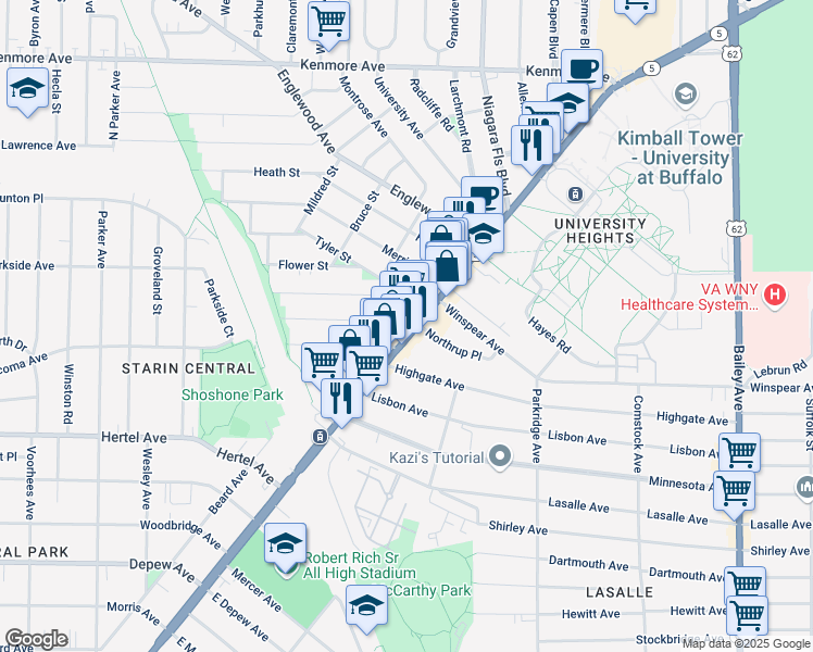 map of restaurants, bars, coffee shops, grocery stores, and more near 3172 Main Street in Buffalo