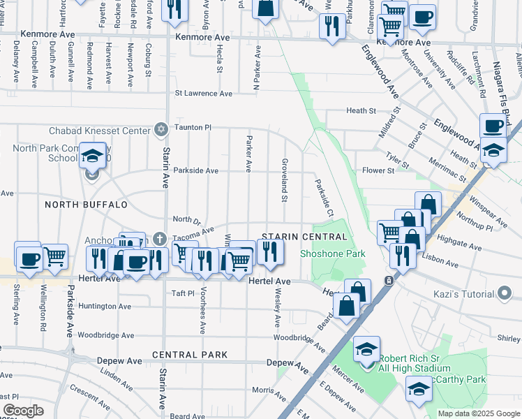 map of restaurants, bars, coffee shops, grocery stores, and more near 425 Parker Avenue in Buffalo