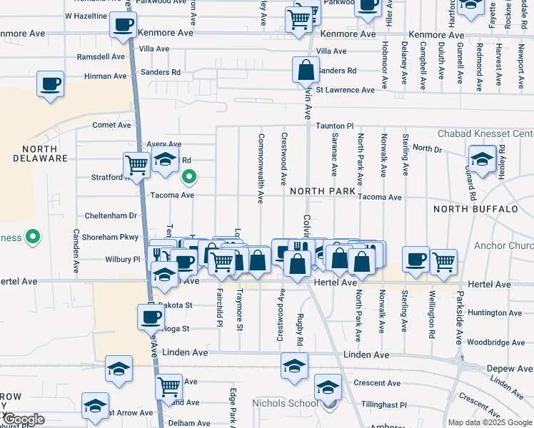 map of restaurants, bars, coffee shops, grocery stores, and more near 216 Crestwood Avenue in Buffalo