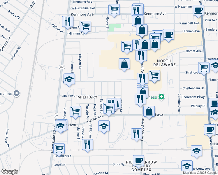 map of restaurants, bars, coffee shops, grocery stores, and more near 116 Grove Street in Buffalo