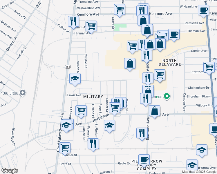 map of restaurants, bars, coffee shops, grocery stores, and more near 116 Grove Street in Buffalo