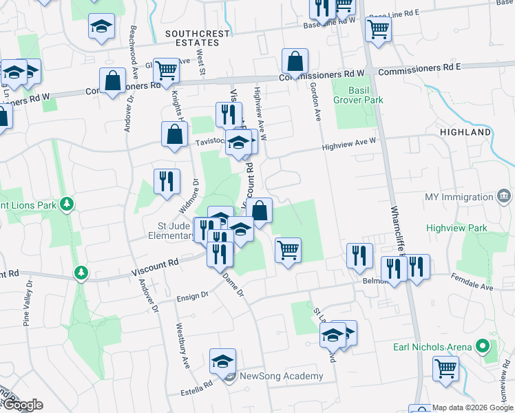 map of restaurants, bars, coffee shops, grocery stores, and more near 654 Viscount Road in London