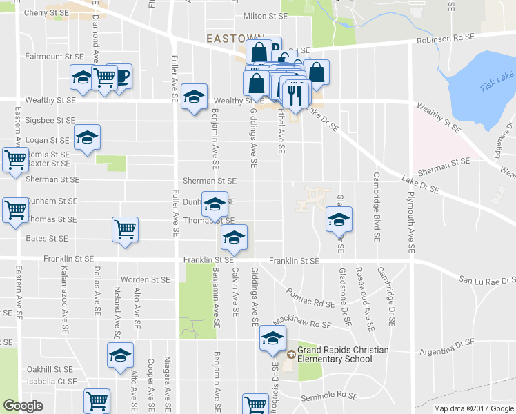 map of restaurants, bars, coffee shops, grocery stores, and more near 625 Giddings Avenue Southeast in Grand Rapids
